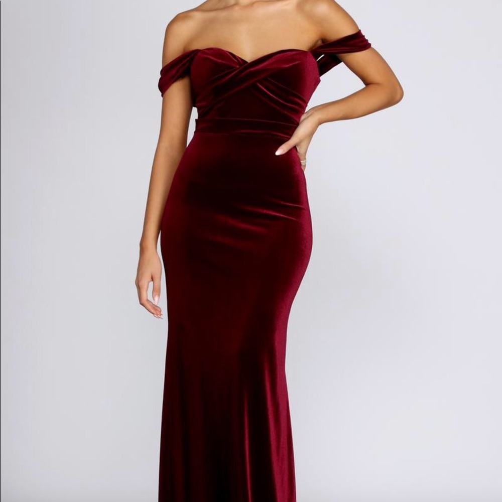 Burgundy, formal, off the shoulder dress